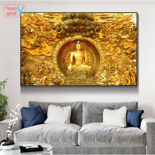 Golden Lord Buddha Oil Canvas Painting Religious Posters and Prints Wall Art Pictures for Living Room Decor Retro Home Decor