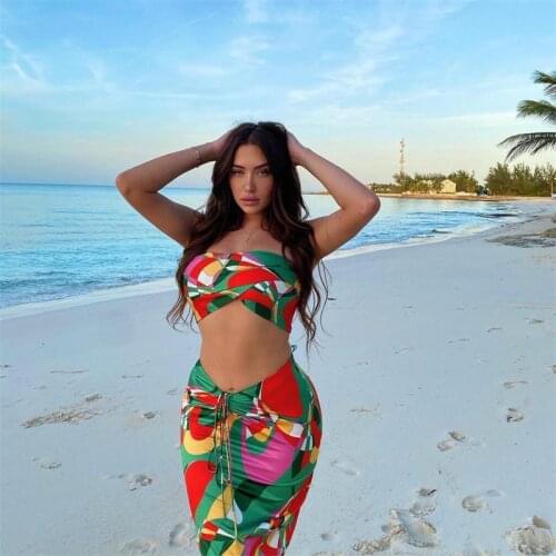 Spring Summer Sexy Two Piece Set Women Color Printing Sleeveless Backless Crop Top Skirt Suits 2 Piece Sets Party Club Outfits