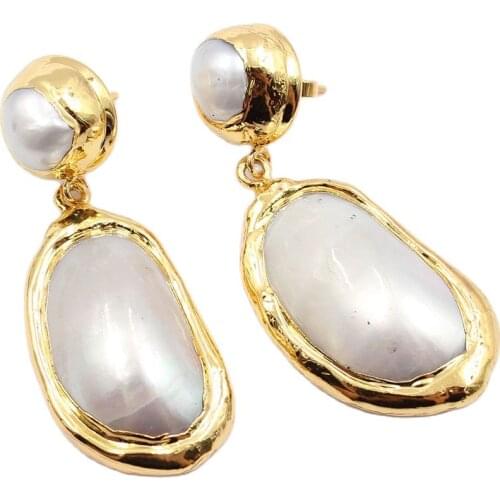 JK Cultured Pearl White Sea Shell Gold Color Plated Earrings For Women