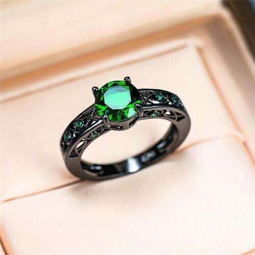 Cute Female Small Green Stone Ring Vintage Black Gold Wedding Rings For Women Promise Love Round Engagement Ring
