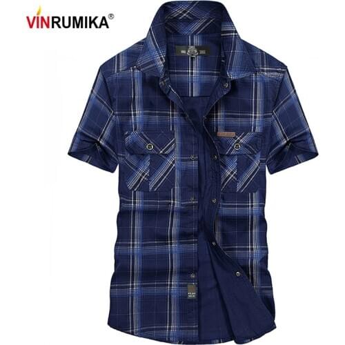 VINRUMIKA Plus Size 2020 Summer mens casual brand army green plaid short shirt man 100% pure cotton khaki grid shirts blue tops