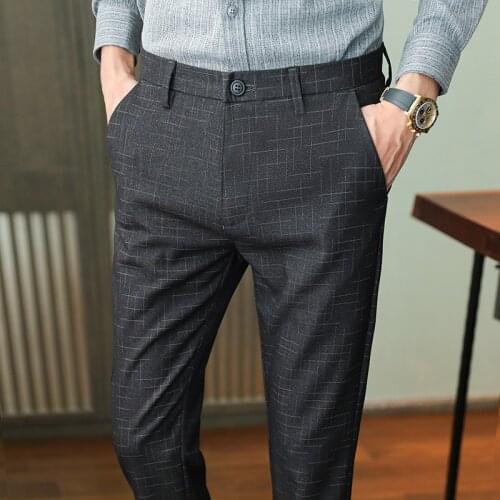 Men Suit Pants Trousers Straight Regular Fit Korea Style Dress Plaid Pants Male Business Clothing Autum Men Trousers Office