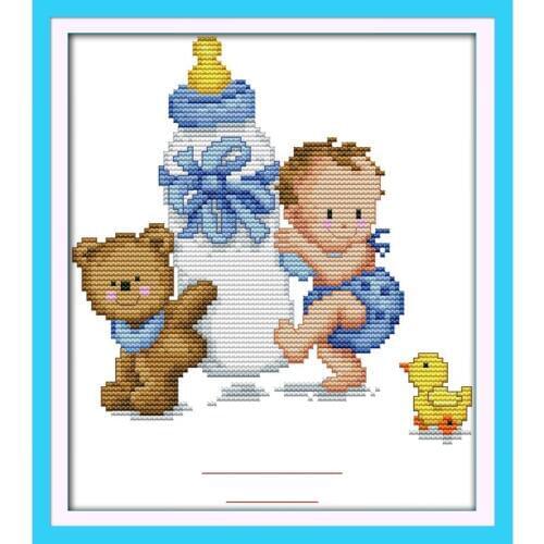 Joy Sunday Bottle Baby Handmade Cross Stitch Set DMC 14CT Counted Cross Stitch Print On Canvas Embroidery Kit Home Decoration