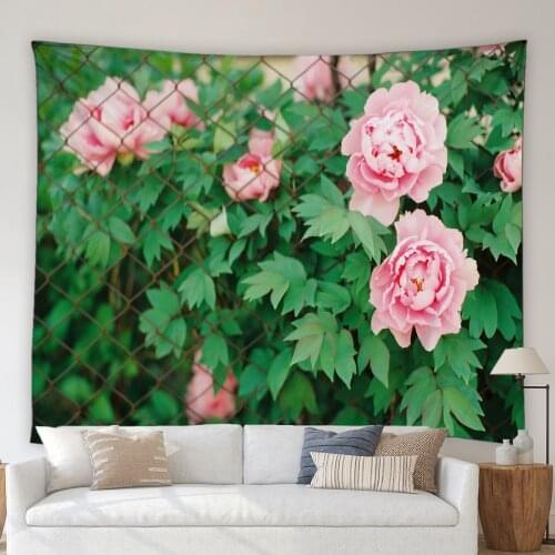 Flowers Tapestry Wall Hanging Sunflower Pink Floral Green Leaves Plant Living Room Decor Cloth Dormitory Bedroom Bedside Blanket