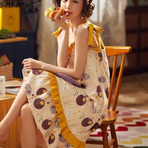 Sleeveless Print Women Nightgowns Cartoon Patchwork Lovely Spaghetti Strap Floral Sexy Comfortable Homewear Chic Leisure Fashion
