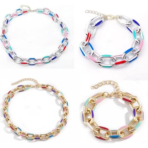Color Dripping Oil Necklace For Women Gold Silver Color Chunky Thick Lock Choker Chain Necklaces Bracelet Set Wholesale Packs