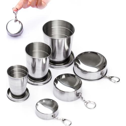 60ml/150ml/250ml Stainless Steel Portable Camping Folding Collapsible Demountable Cup With Keychain Outdoor Travel Survival Gear
