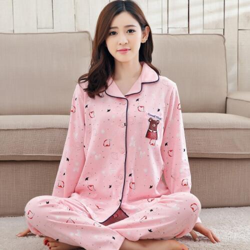 Pajamas Women Spring Autumn Cotton Long Sleeve Cardigan Set Female Plus Size Cotton Home Suit Lady Winter Soft Nightgown H5589