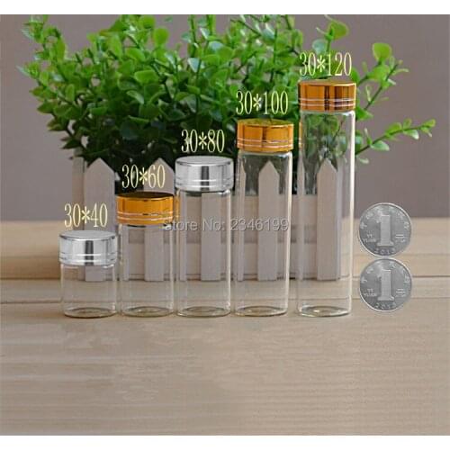 50pcs D30mm Clear Empty Glass Bottle Test Tube With Gold Silver Cap Essential Oil Jars Lab Supply Sealing Packaging Bottles
