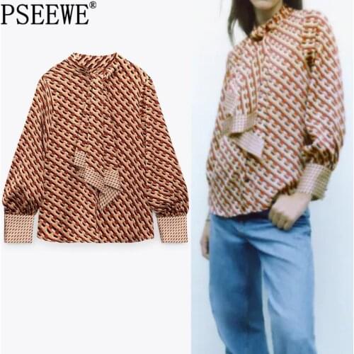 PSEEWE Za Women Shirt Geometric Print Woman Blouses 2021 Fashion Tied Button Up Vintage Shirt Puff Long Sleeve Elegant Blouses