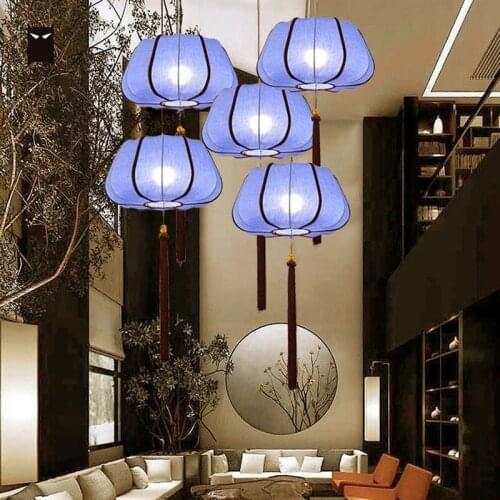 Handmade Blue Fabric Lantern Lampshade Pendant Light Fixture Chinese Hanging Ceiling Lamp for Foyer Living Room Lounge Stair E27