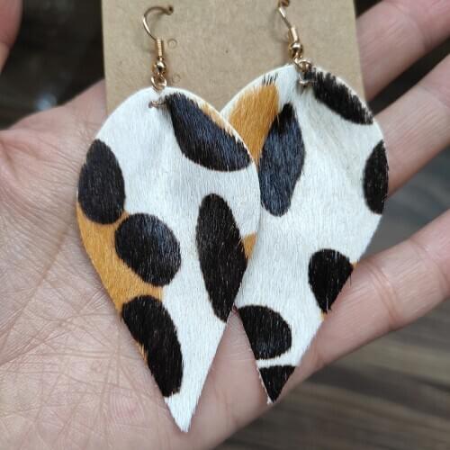 M&G White Real Cow Leather Earrings Feather for Women Dangle Leaf Statement Drop Earring Leather Jewelry Trendy Accessories Gift