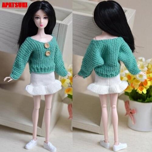 Fashion Winter Warm Green Tops Knitted Sweater Skirts Outfits Clothes for Barbie Doll Short Dress For 1/6 BJD Dolls Girls Gifts