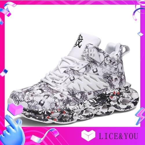 High-Quality Mens Shoes Sports Casual Shoes 2021 Summer Thick-Soled Mens Graffiti Cushioning Anti-Skid High-Top Sports Shoes