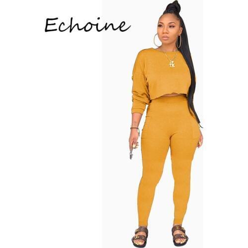Echoine Autumn O-neck Two Pieces Set Long Sleeve Sweatshirt + Pant Suit With Pocket Tracksuit Women Solid 5 Color Plus Size 2XL