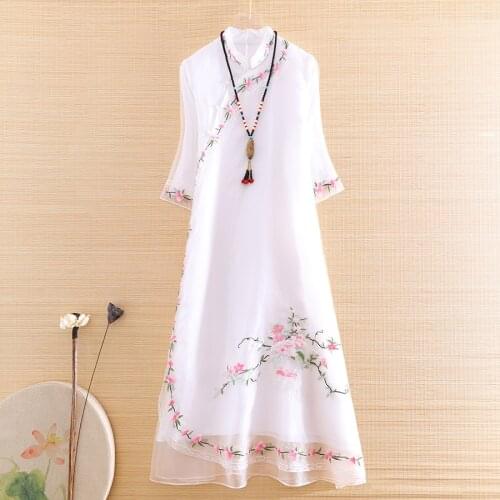 High-end Summer Embroidery Floral Organza Cheongsam Loose Women Dress Chinese Style Elegant Lady Party Qipao Dress S-XXL