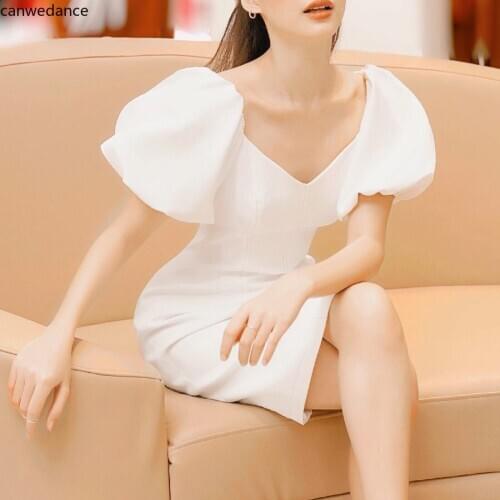 2020 Summer White Fashion Casual Puff Sleeve Sexy Dress Women One-Piece Korean Elegant OL Bodycon Prom Dress Femme Robe