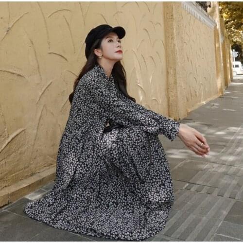 2020 Autumn Women Chiffon Dress French Style Retro Floral Printed One Piece Dress Vintage Long Slim Fit Long Sleeve Vestidos