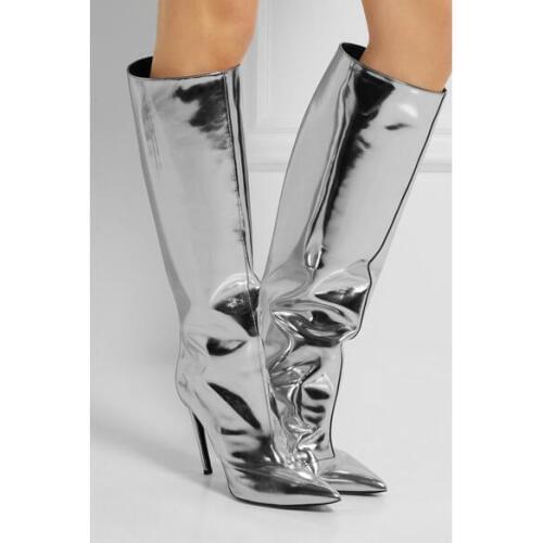2017 fashion women mirror leather boots thigh high tall gladiator booties over knee high boots thin high point toe dress shoes