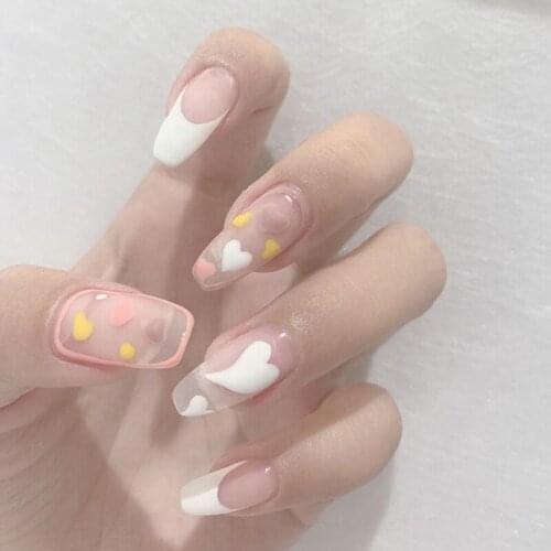 24pcs Press On Nails Peach Pink Princess French Style Heart Decor Waterproof Girls Wearable Finished Fake Nails Wih Glue TO
