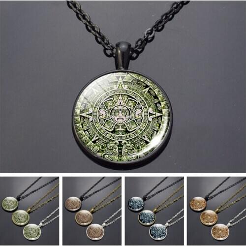 Mayan Totem Aztec Calendar Necklace Glass Dome Long Necklace Pendant Maya Calendar Fashion Jewelry Necklace Accessories Gift