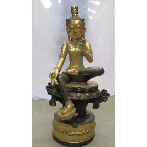 Bi001382 30"Tibet Tibetan Bronze Gilt Lotus Green Tara kwan yin Bodhisattva Buddha statue