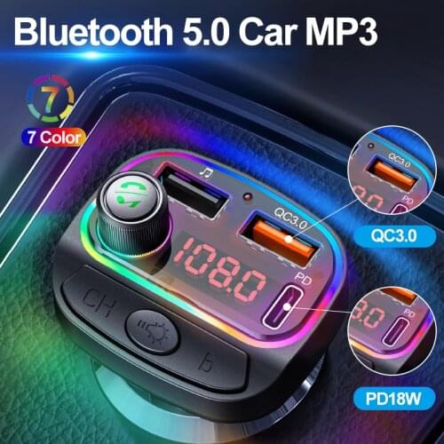 Bluetooth 5.0 FM Transmitter Car MP3 Player Dual USB Handsfree U Disk Music Play PD18W+QC3.0 Fast Charger One Key Bass