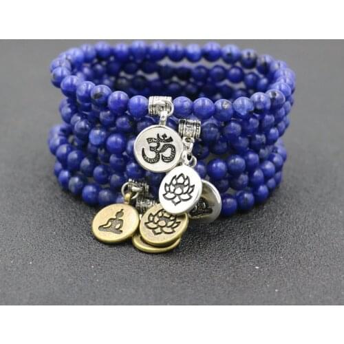 6mm Lapis Lazuli Stone Lotus Beaded Bracelet Men Women Tibetan Buddha OM Yoga Energy Bracelets Set For Lovers Bileklik