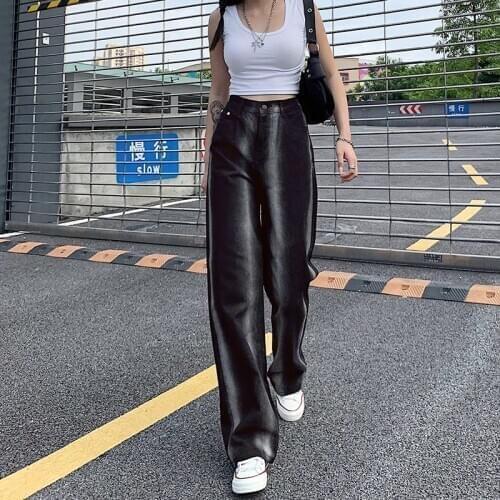 Streetwear White Striped High Waist Wide Leg Baggy Black Jeans Woman 2020 Fall Full Length Loose Trousers Denim Y2k Pants Female