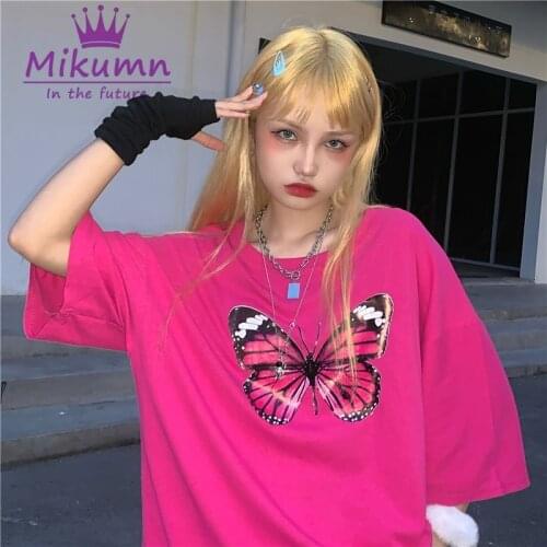 Harajuku Style Women Butterfly Printing Oversized Loose Short Sleeve T-shirt Punk Gothic Summer Chic Streetwear