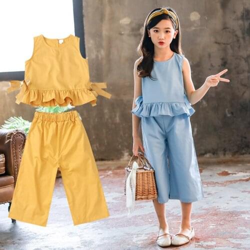 Kids Girls Summer Clothes Set Fashion Ruffle Vest + Wide Leg Pants 2PCS Outfits for Girls Casual Children Clothing 4 6 8 10 Year