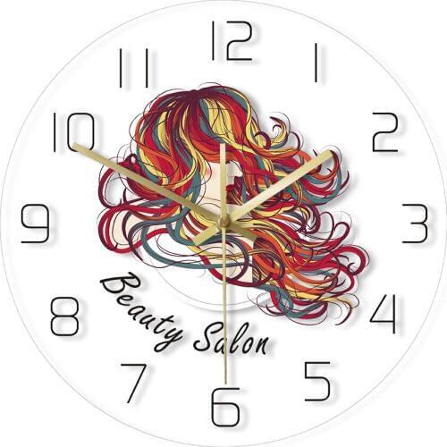 Beauty Hair Salon Watercolour Wall Clock Beautiful Lady With Long Colorful Hair Hanging Watch Barber Studio Hairdresser Saat
