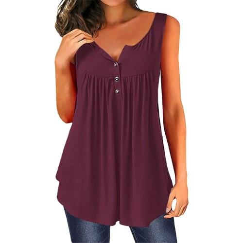 Hot Women Tank Top Plus Size Solid U Neck Female Camisole Sleeveless Pleated Tank Top Ladies Button Summer Women Loose Vest #YJ