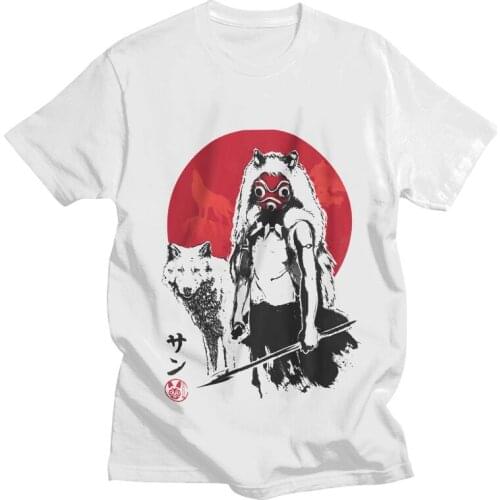 Male Mononoke Hime Princess Forest Academy T-Shirt Novelty Wolf Girl Sumi-e Tshirt Short Sleeve Unique T Shirt Homme Cotton Tee