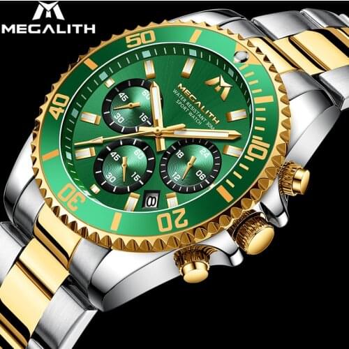 Wholesale Price MEGALLITH Silver Green Man Watch Fashion Sport Waterproof Quartz Watch Clock Stainless Auto Date Men Watche 8046
