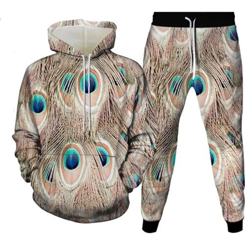 Colorful Peacock Feather Print Mens Tracksuits Spring Autumn Women Hoodies+Jogger Pants Casual Hooded Sweatshirts 2Pc Sportswear