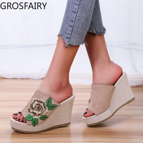 Womens Shoes Platform Wedge Sandals Womens Waterproof Platform Thick-soled Embroidered Slippers Fashion Fish Mouth Sandals