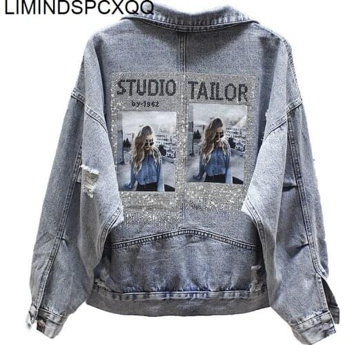 2021 Denim Jackets Embroidered Loose Korean Style Spring Clothes Short Coats Woman Oversize Hot Drilling Printing Frayed Jaqueta