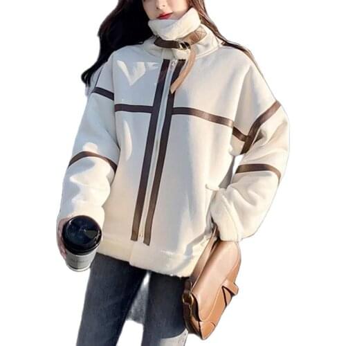 2021 Women Korean Winter Oversize Thick Faux Leather Fur Sheepskin Jackets Lady Preppy Style Free Spliced Beige Black Coats Tops