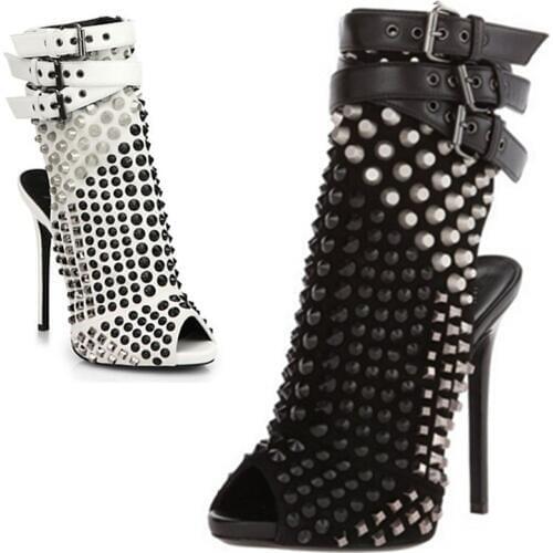 Sexy Gladiator Metal Rivets Studs Ankle Boots Peep Toe Buckle Strappy Female Thin High Heels Summer Full Rivets Zapatos Bottes