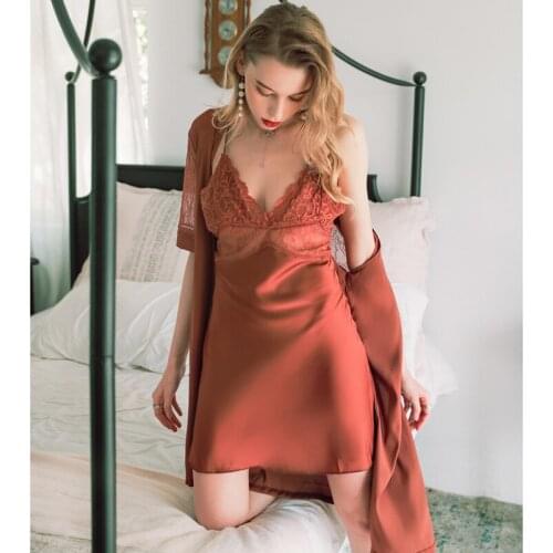 Summer New Faux Silk Robe Sets Short Sleeve Lace Patchwork Kimono Gown V-neck Casual Thin Sleepwear Sexy Hollow out Lounge Wear