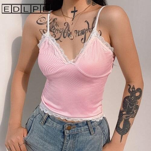 Unif Pink Plaid Lace Edge Deep V Sling Vest Sexy Corset Top Summer Clothes for Women Y2k Crop Top Fairy Grunge Lace Cami