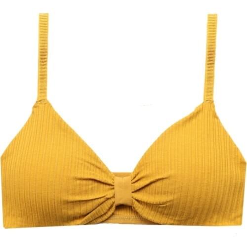 Women Girl Ribbed Knit Bra Bralette Cross Strappy Backless Underwear Hollow Out Knotted Front Push Up Padded Crop Top