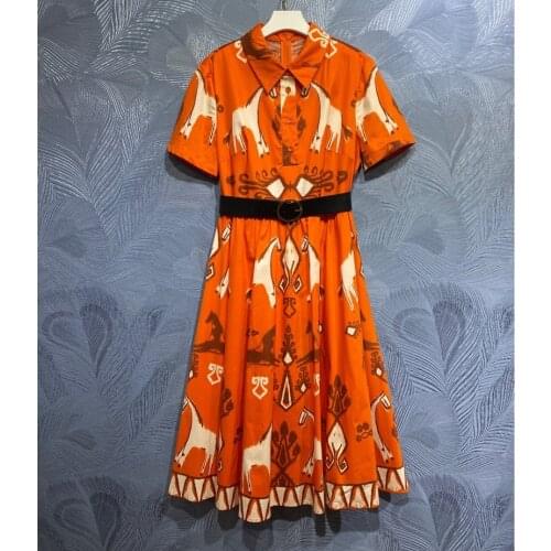 100%Cotton Womens Dress 2021 Summer Fashion Clothing Ladies Turn-down Collar Cute Animla Print White Orange Blue Dress Belt