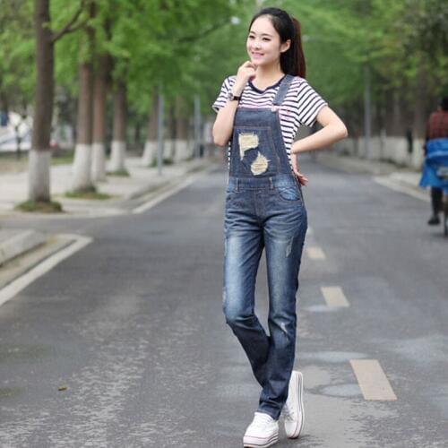 Free Shipping Fashion Straight Pants Women High Quality 2019 Jumpsuit And Rompers Denim Jeans With Holes Trousers S-XL Ladies