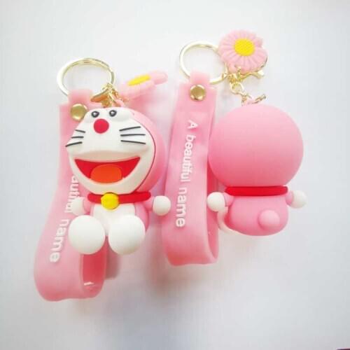 Cartoon Doraemon Cat Doll Toy Leather Rope Bell Kids Princess Keychain Fluffy Rabbit Fur Pom Girls Birthday Gift Key Ring
