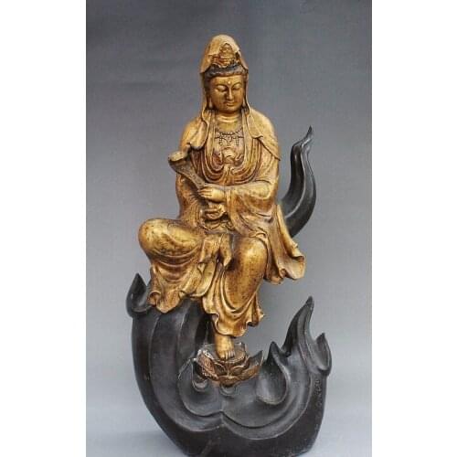19" Old China Royal Buddism Bronze Gilt Kwan-Yin RuYi GuanYin Bodhisattva Statue