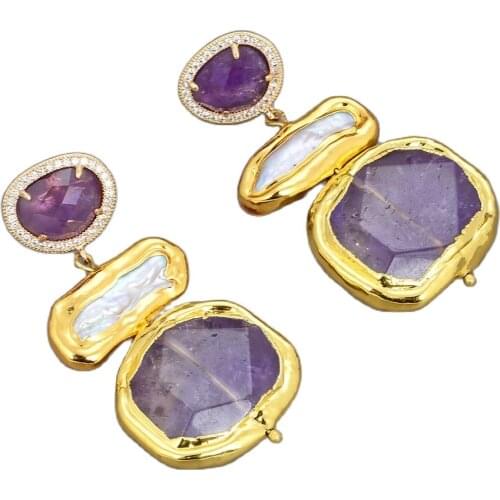 GG Jewelry Natural Purple Nugget Amethyst White BIwa Pearl Gold Plated Drop Amethyst CZ Paved Stud Earrings