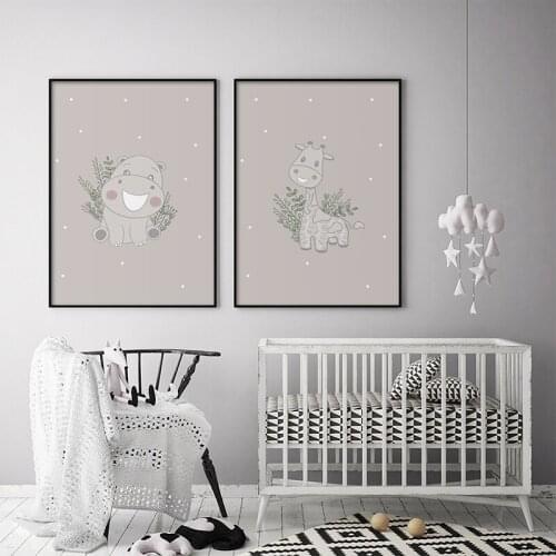 Cute Animal Posters Prints Lovely Hippo Giraffe Canvas Painting Nursery Wall Art Cartoon Girl Wall Picture Baby Kids Room Decor