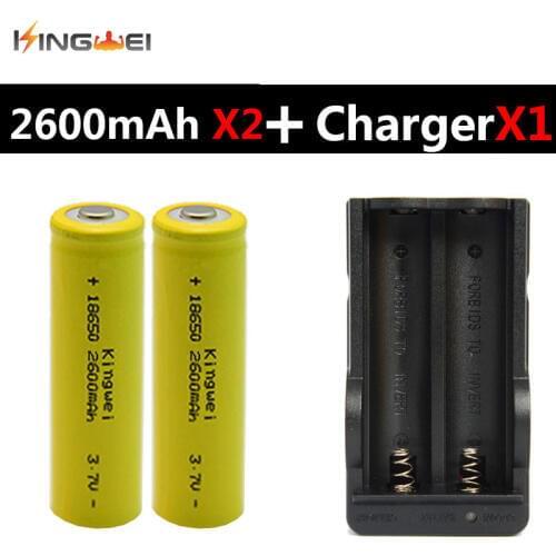 KingWei Brand 2 X 18650 Yellow 2600mah 3.7v Rechargeable Li-ion Batteries With 18650 Double Battery Charger